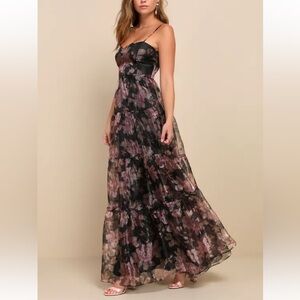 Lulus Exclusive Glamour Black Floral Organza Tiered Maxi Dress size small prom